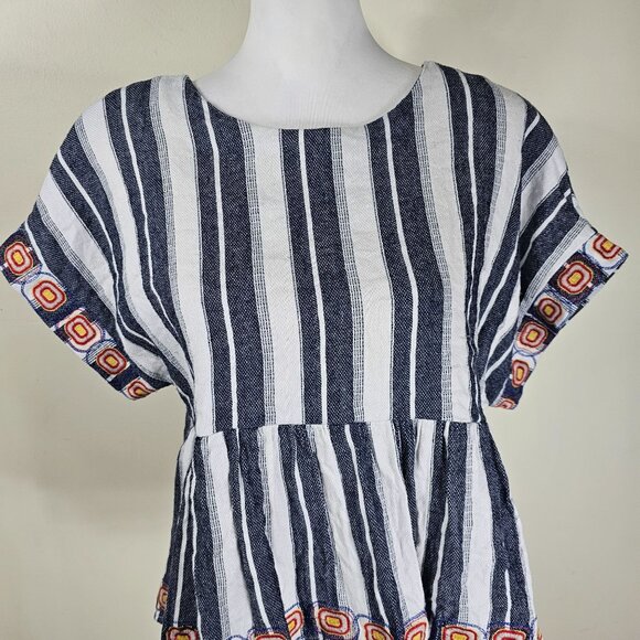 Anthropologie Maeve Embroidered Peplum Linen Top L Striped Open Back Festival - Picture 7 of 10
